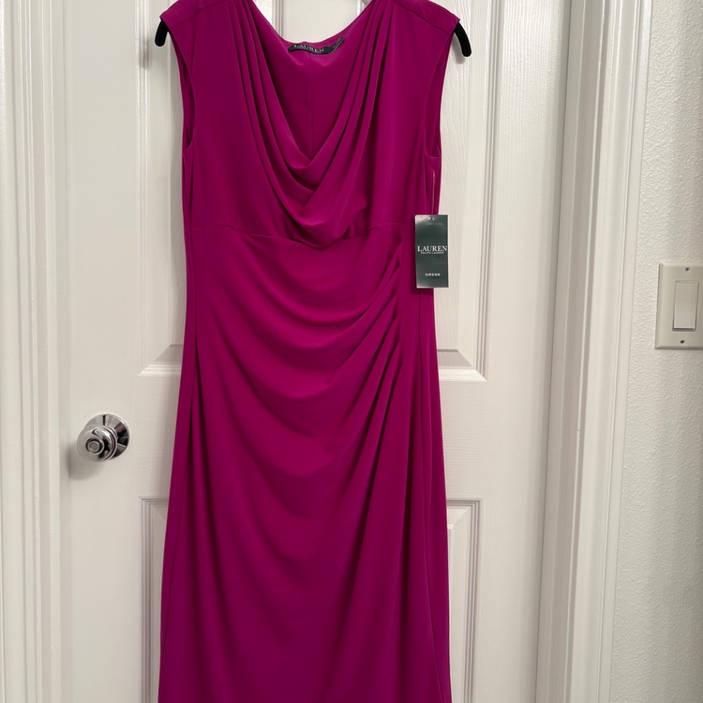 Never worn Ralph Lauren ruched, cocktail, magenta dress. Tags on! Size 12.